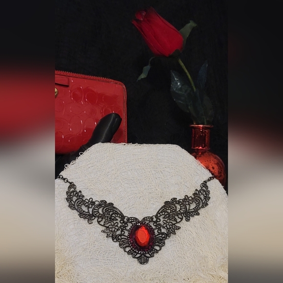 Black Filigree Necklace w/ Red Stones - Picture 2 of 6